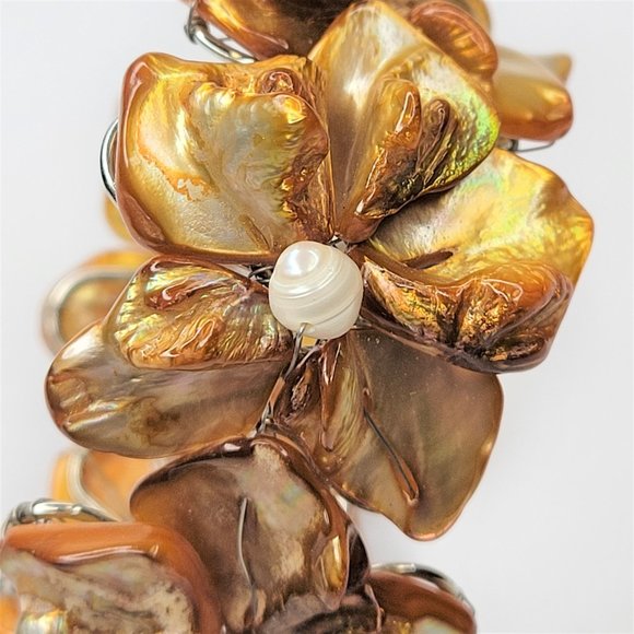 Orange Adjustable Cuff Bracelet with with Dyed Shell Petals & Pearls Bangle - Picture 5 of 15